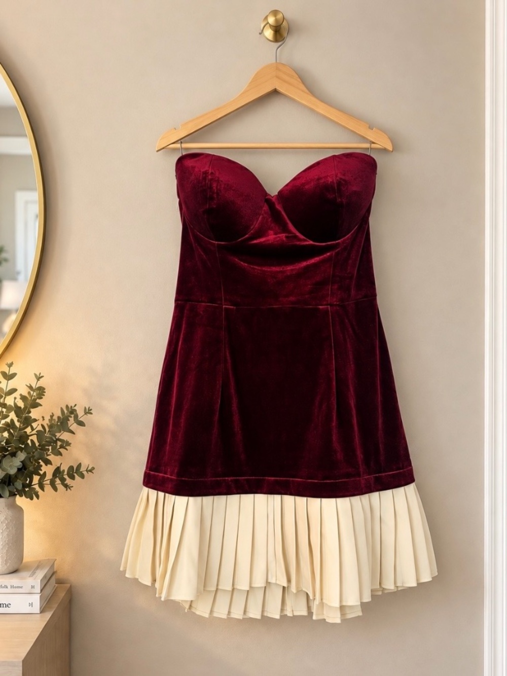 Luluโs Elevated Invite Wine Red Velvet Strapless Mini Dress | NWT
